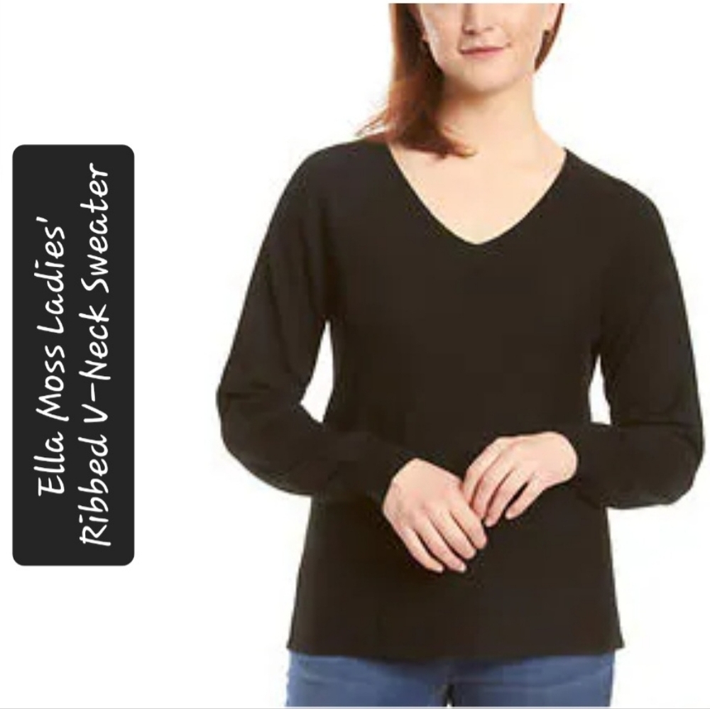 Ella Moss Ladies' Ribbed V-Neck Sweater, Black